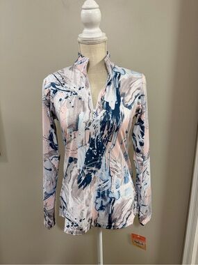 NWT Sofibella Abstract Print Quarter-Zip Long-Sleeve Golf Top in Pink & Navy